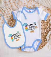 BK Kids İlk Babalar Günü Tasarımlı Mavi Bebek Body Zıbın ve Mama Önlüğü Hediye Seti-3