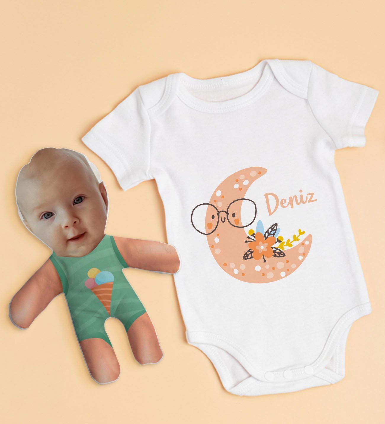 BK Kids Kişiye Özel Fotoğraflı Bebek Yastık ve Bebek Body Zıbın Hediye Seti - Model 12