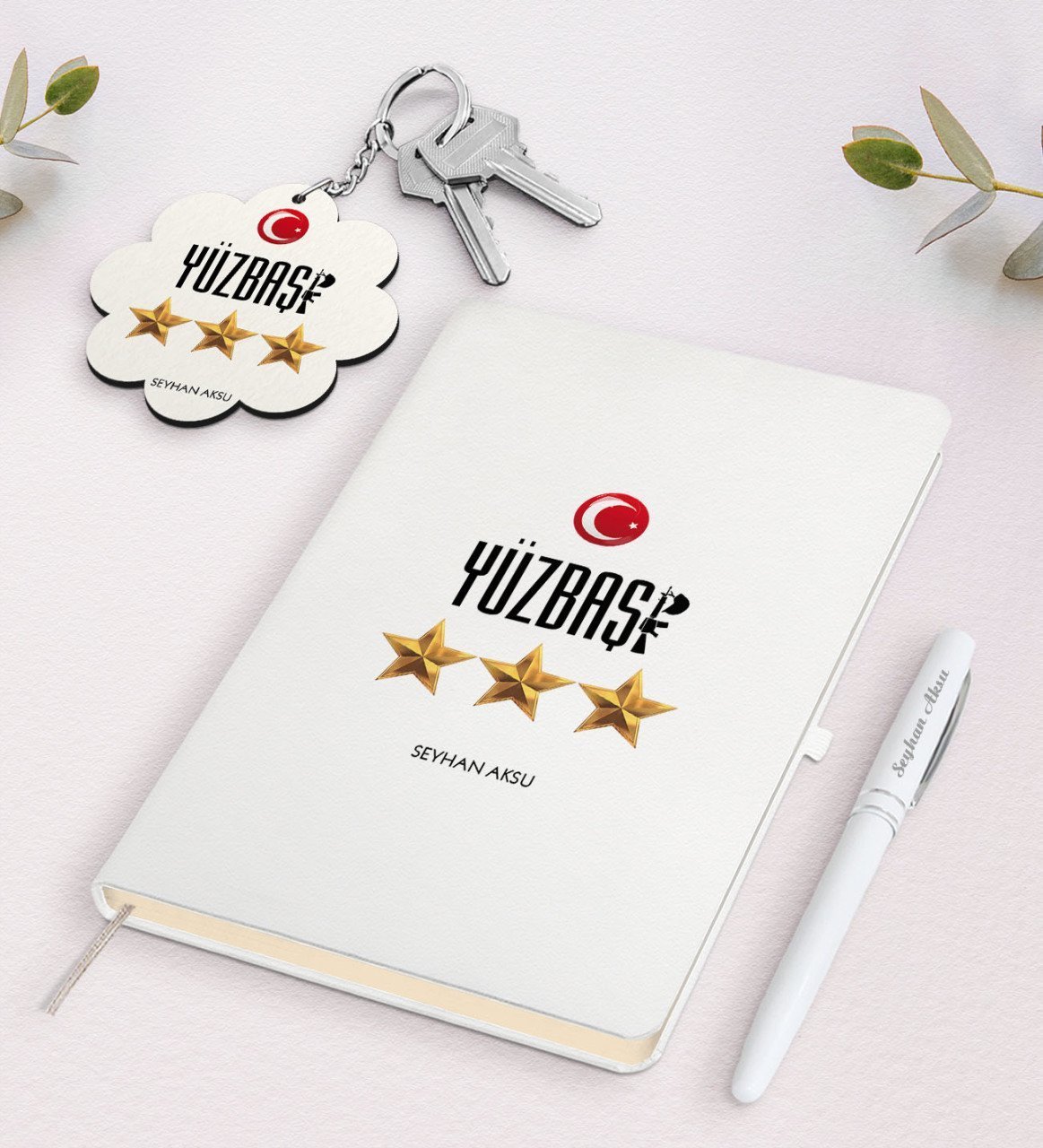 Kişiye Özel Yüzbaşı Beyaz Defter Kalem Ve Anahtarlık Hediye Seti