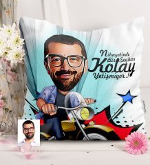Kişiye Özel Bay Motorcu Karikatürlü Saten Yastık - 1