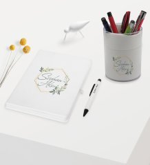 BK Gift Kişiye Özel Çiçek Tasarımlı Beyaz Defter Kalem ve Kalemlik Hediye Seti - Model 11