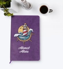Kişiye Özel Dümen Tasarımlı Mor Termo Deri Defter Model 4