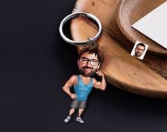BK Gift Kişiye Özel Erkek Fitness Karikatürlü Ahşap Anahtarlık-1 Sevgiliye Hediye, Arkadaşa Hediye, Doğum Günü Hediyesi