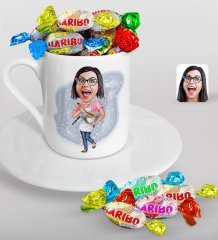 Kişiye Özel Anneler Günü Temalı Ev Hanımı Anne Karikatürlü Türk Kahvesi Fincanı ve Haribo Şeker Hediye Seti-3