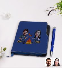 Kişiye Özel Sevgililer Karikatürlü Lacivert Termo Deri Defter Kalem Seti-95