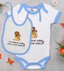 BK Kids İlk Babalar Günü Tasarımlı Mavi Bebek Body Zıbın ve Mama Önlüğü Hediye Seti-2