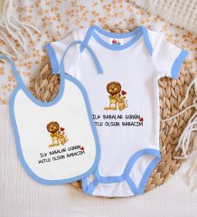 BK Kids İlk Babalar Günü Tasarımlı Mavi Bebek Body Zıbın ve Mama Önlüğü Hediye Seti-2