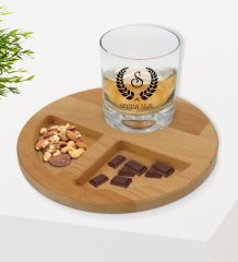 Kişiye Özel Çelenk Baş Harfli İsimli Viski Bardağı ve Doğal Masif Ahşap Yuvarlak Sunum Tabağı Çerezlik Hediye Seti-1