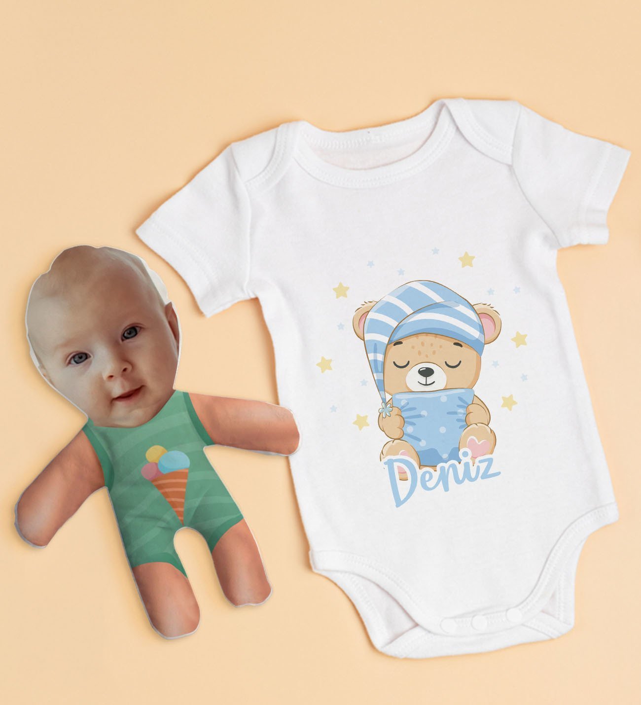 BK Kids Kişiye Özel Fotoğraflı Bebek Yastık ve Bebek Body Zıbın Hediye Seti - Model 11