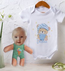 BK Kids Kişiye Özel Fotoğraflı Bebek Yastık ve Bebek Body Zıbın Hediye Seti - Model 11