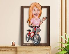 BK Gift Kişiye Özel Kadın Bisikletçi Karikatürlü 3D Ahşap Tablo-5, Sevgiliye Hediye, Arkadaşa Hediye, Doğum Günü Hediyesi