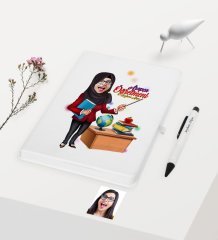 Kişiye Özel Tesettürlü Bayan Öğretmen Temalı Karikatürlü Beyaz Defter Kalem Hediye Seti - 1