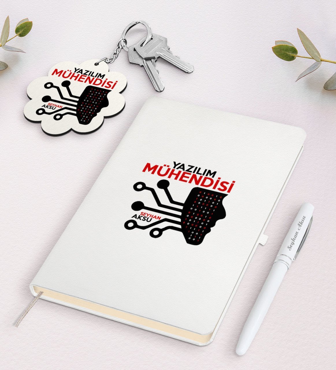Kişiye Özel Yazılım Mühendisi Beyaz Defter Kalem ve Anahtarlık Hediye Seti-2
