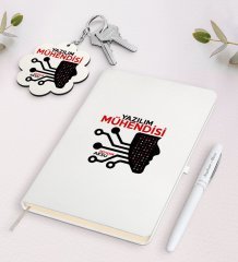 Kişiye Özel Yazılım Mühendisi Beyaz Defter Kalem ve Anahtarlık Hediye Seti-2