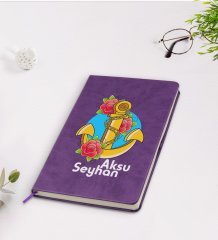 Kişiye Özel Çapa Tasarımlı Mor Termo Deri Defter Model 4