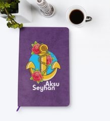 Kişiye Özel Çapa Tasarımlı Mor Termo Deri Defter Model 4
