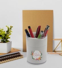 BK Gift Kişiye Özel Çiçek Tasarımlı Beyaz Defter Kalem ve Kalemlik Hediye Seti - Model 10