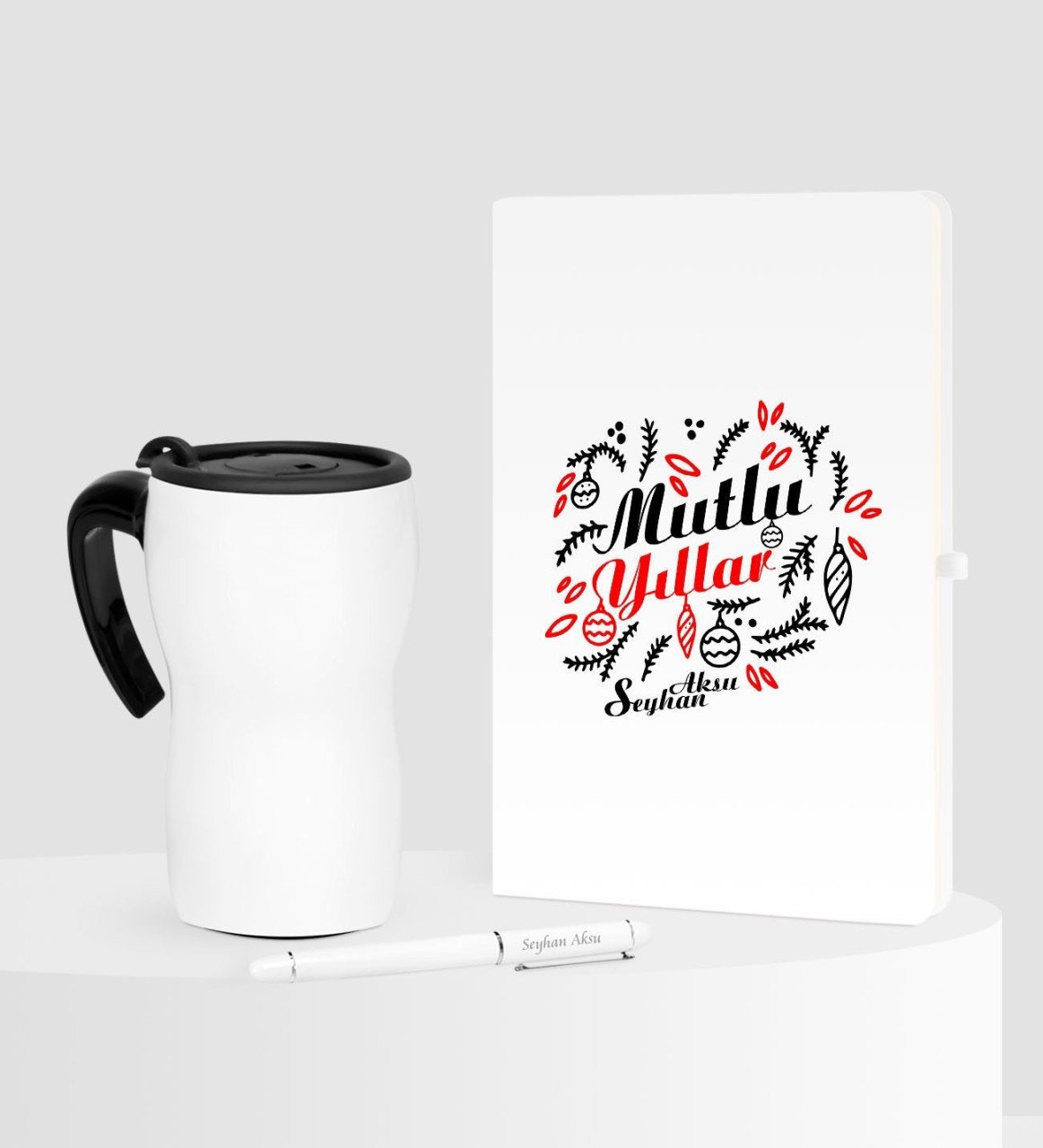 Kişiye Özel Yılbaşı Mutlu Yıllar Temalı Beyaz Defter Kalem Termos Mug Seti - 4
