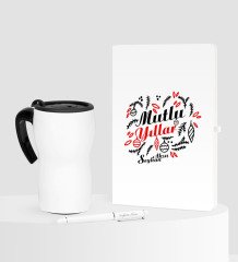 Kişiye Özel Yılbaşı Mutlu Yıllar Temalı Beyaz Defter Kalem Termos Mug Seti - 4