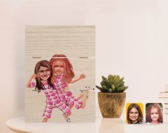 Kişiye Özel Kız Kardeşler Karikatürlü Otantik Masaüstü Ahşap Palet Çerçeve-1