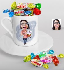 Kişiye Özel Anneler Günü Temalı Ev Hanımı Anne Karikatürlü Türk Kahvesi Fincanı ve Haribo Şeker Hediye Seti-2