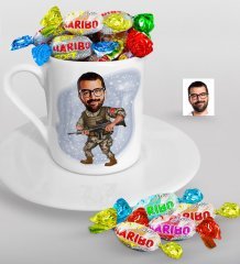 Kişiye Özel Asker Karikatürlü Türk Kahvesi Fincanı ve Haribo Şeker Hediye Seti-1