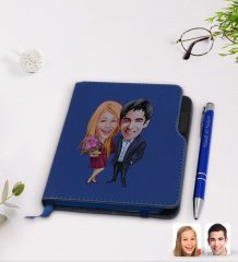 Kişiye Özel Sevgililer Karikatürlü Lacivert Termo Deri Defter Kalem Seti-94