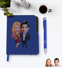 Kişiye Özel Sevgililer Karikatürlü Lacivert Termo Deri Defter Kalem Seti-94