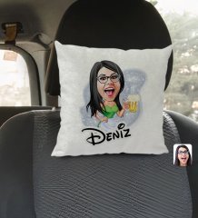 Kişiye Özel İsimli Kadın Karikatürlü Kare Araç Koltuk Yastığı-30