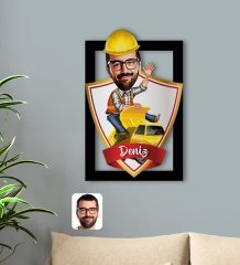 Kişiye Özel İsimli Erkek Yol Mühendisi Karikatürlü 3D Ahşap Tablo-1