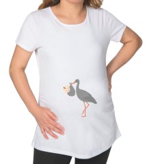 BK Gift Leylek Tasarımlı Beyaz Hamile Tişört-1