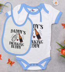 BK Kids Daddy's Drinking Buddy Tasarımlı Mavi Bebek Body Zıbın ve Mama Önlüğü Hediye Seti-1