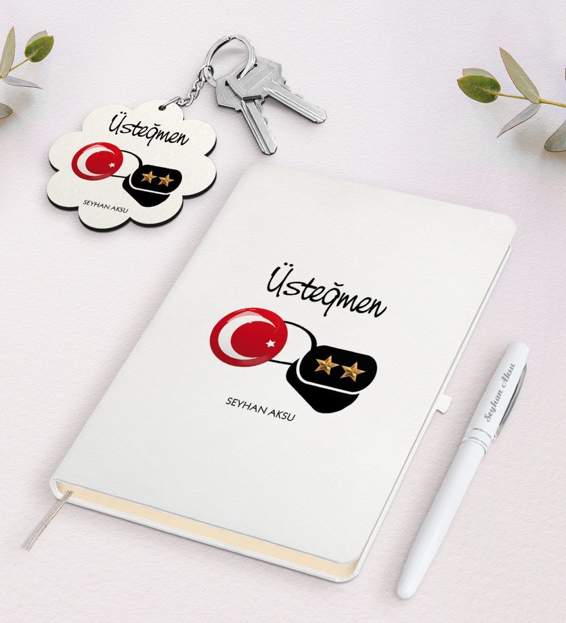 Kişiye Özel Üsteğmen Beyaz Defter Kalem Ve Anahtarlık Hediye Seti