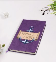 Kişiye Özel Çapa Tasarımlı Mor Termo Deri Defter Model 3