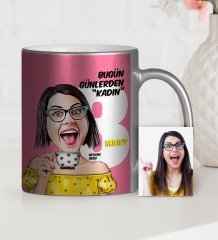 Kişiye Özel Kadınlar Günü Temalı Karikatür Gümüş Yaldızlı Kupa Bardak - 3