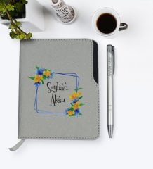 Kişiye Özel İsimli Gri Termo Deri Defter Kalem Seti-18