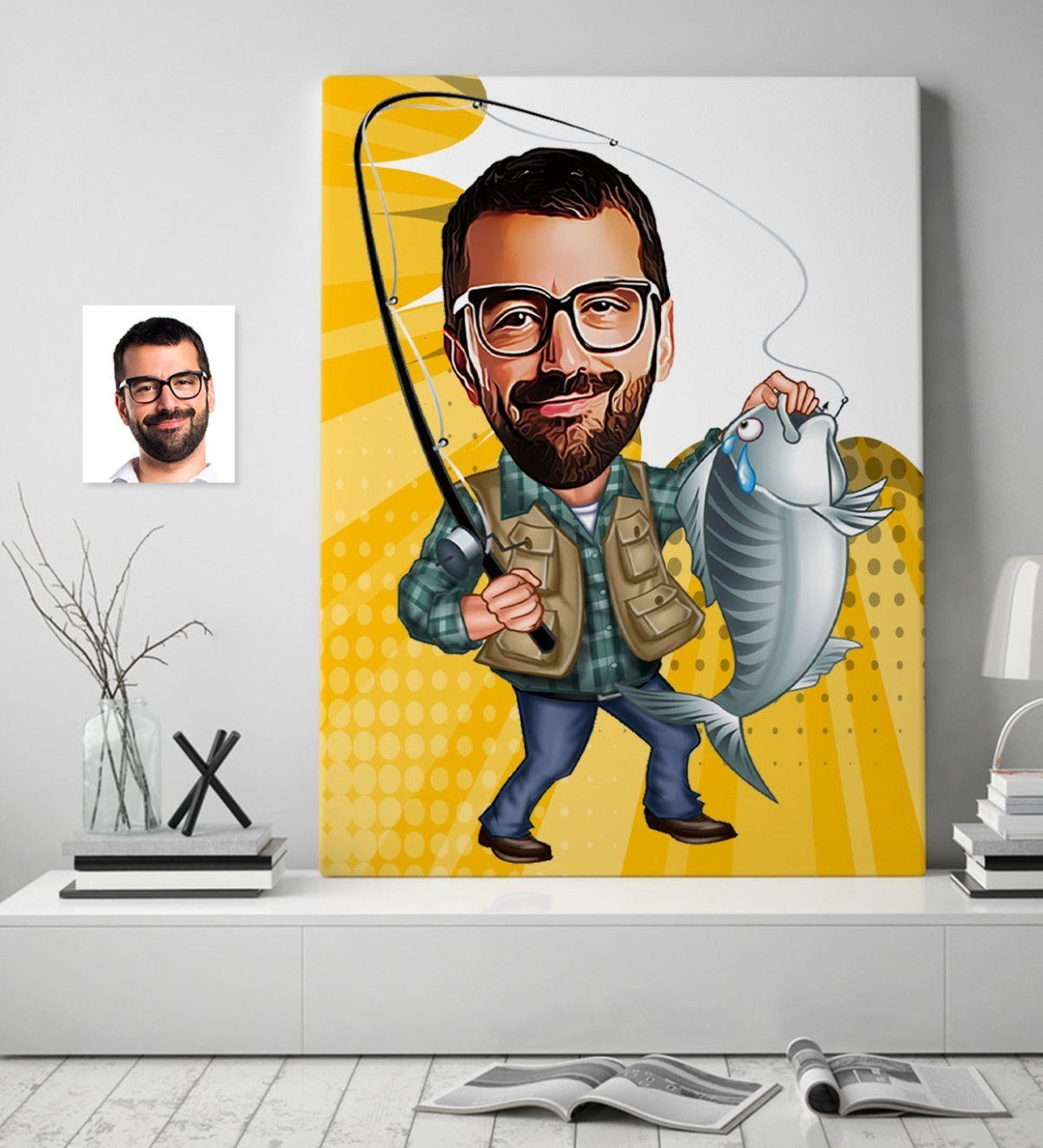 Kişiye Özel Bay Balıkçı Karikatür Kanvas Tablo (70 x 100 cm.) 1