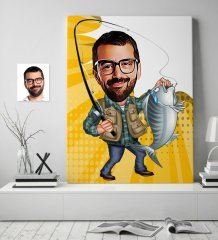 Kişiye Özel Bay Balıkçı Karikatür Kanvas Tablo (70 x 100 cm.) 1