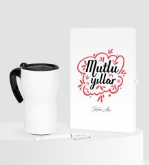 Kişiye Özel Yılbaşı Mutlu Yıllar Temalı Beyaz Defter Kalem Termos Mug Seti - 3