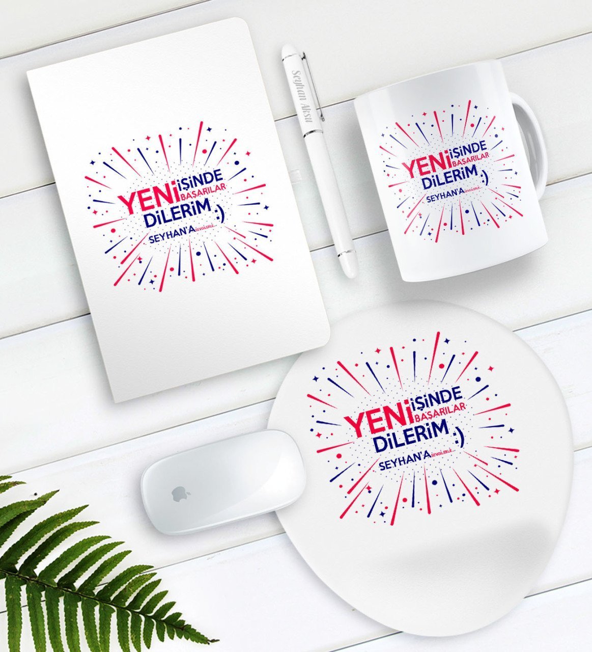 Kişiye Özel Yeni İşinde Başarılar Dilerim Defter Kalem Kupa Mouse Pad Seti-6