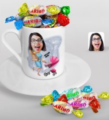 Kişiye Özel Anneler Günü Temalı Ev Hanımı Anne Karikatürlü Türk Kahvesi Fincanı ve Haribo Şeker Hediye Seti-1