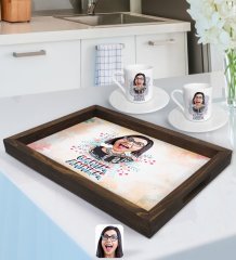 Kişiye Özel Canım Annem Karikatürlü Doğal Ahşap Tepsi ve 2’li Kahve Fincan Seti-1