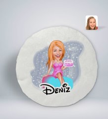 Kişiye Özel İsimli Kadın Doğum Günü Karikatürlü Yuvarlak Araç Koltuk Yastığı-2