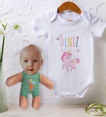 BK Kids Kişiye Özel Fotoğraflı Bebek Yastık ve Bebek Body Zıbın Hediye Seti - Model 9