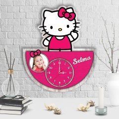 Kişiye Özel Hello Kitty Tasarımlı Dekoratif Ahşap Duvar Saati