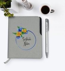 Kişiye Özel İsimli Gri Termo Deri Defter Kalem Seti-17