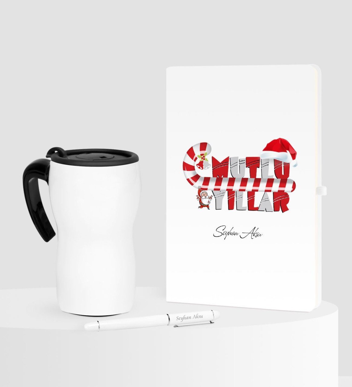 Kişiye Özel Yılbaşı Mutlu Yıllar Temalı Beyaz Defter Kalem Termos Mug Seti - 2