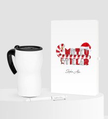 Kişiye Özel Yılbaşı Mutlu Yıllar Temalı Beyaz Defter Kalem Termos Mug Seti - 2