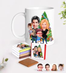 Kişiye Özel Yeni Yıl Aile Karikatürlü Beyaz Kupa ve Çikolata Hediye Seti-5
