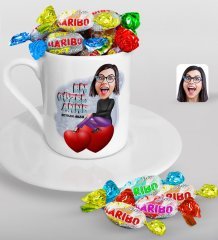 Kişiye Özel Anneler Günü Temalı En Güzel Anne Karikatürlü Türk Kahvesi Fincanı ve Haribo Şeker Hediye Seti-1
